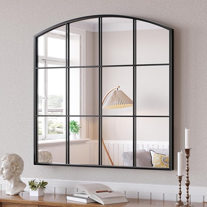 Window Pane Black Mirror, Large Arch Grid Mirror by Brauthon