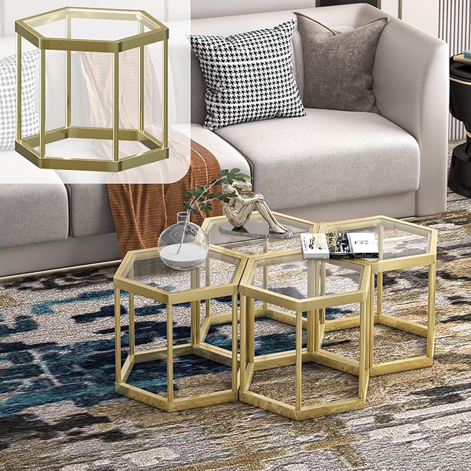 Gold Coffee Table Glass Modern Coffee Table, Hexagon Free Combination Glass by LUGSHIREE