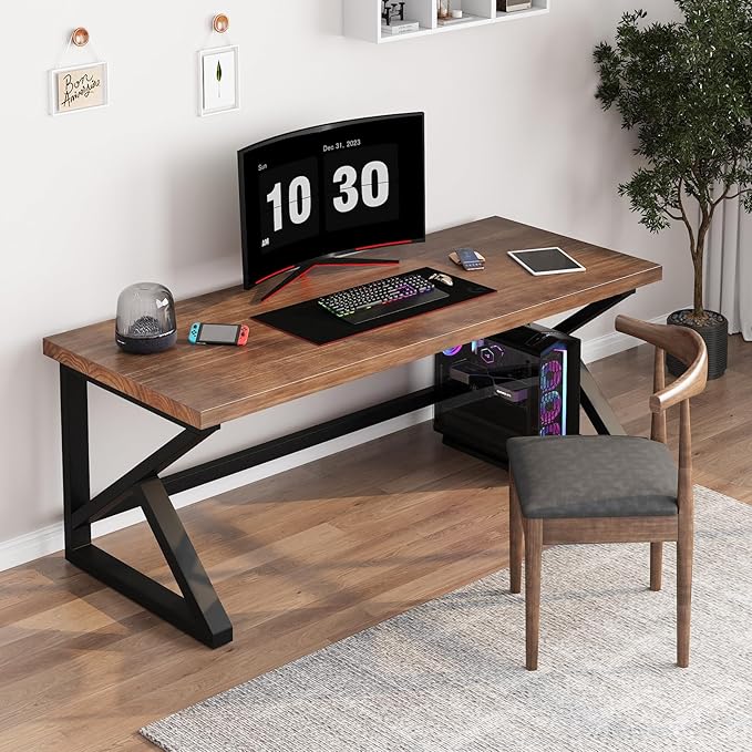 Solid Wood Computer Desk, Rustic Style 55-inch Large Office Desk- Modern Gaming - Image 6