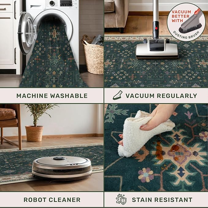 Dark Green Washable Kitchen Runner Rug, Stain Resistant Rugs - Image 3