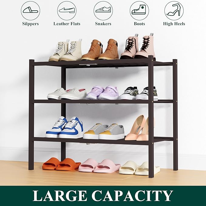 Smiry Shoe Rack, 3 Tier Thick Bamboo Shoe Organizer, Stackable Free Standing - Image 6