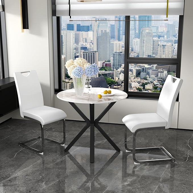Marble Round Dining Table with Black Metal Legs, 32 in Modern Sintered Stone - Image 3