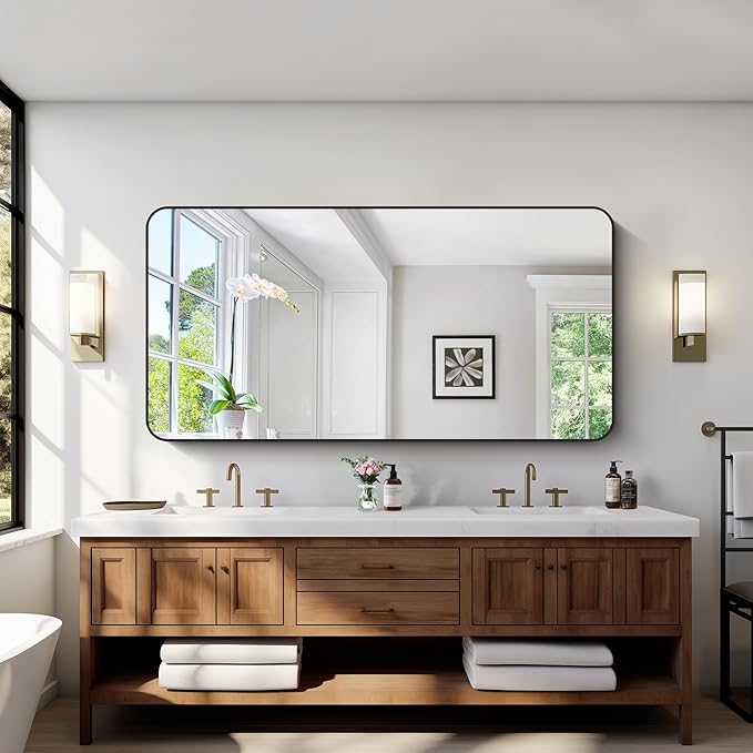 Bathroom Mirror, 30x60 inch Black Rectangle Wall Mirror, Metal Frame Rounded - Image 2