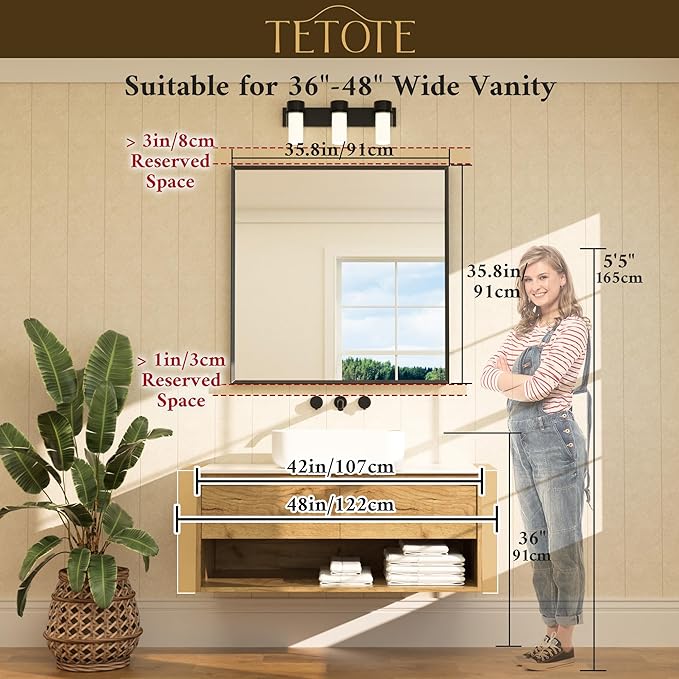 TETOTE Black Framed Mirror for Bathroom Vanity 36" x 36" Matte Black Rectangle - Image 6