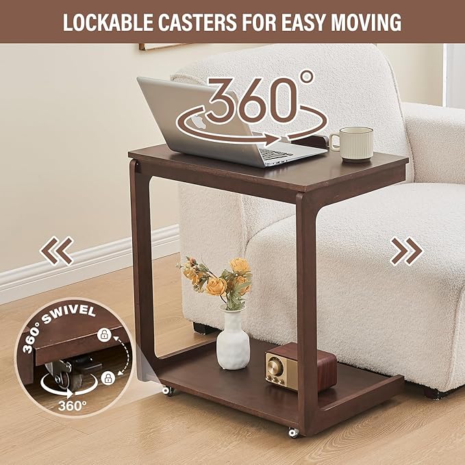 CozyDH Adjustable C Shaped End Table, Rolling Side Table Solid Wood TV Sofa - Image 3