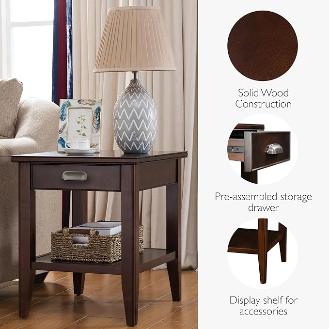 Leick Home Laurent End Table, Solid Wood, 1 Storage Drawer, Bottom Display Shelf - Image 6