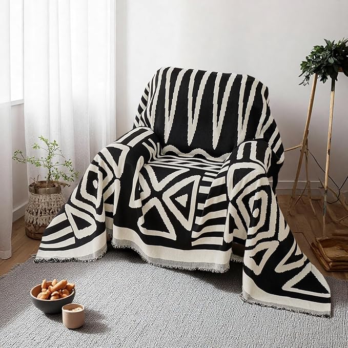 STACYPIK Reversible Boho Couch Cover Ivory Black Futon Armchair Slipcovecrs by STACYPIK
