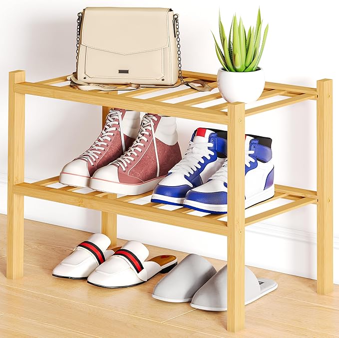 Smiry Shoe Rack, 2 Tier Small Bamboo Shoe Organizer, Stackable Free Standing by Smiry