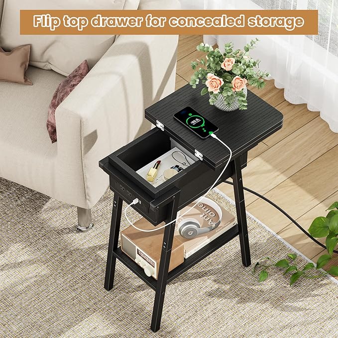 End Table with Charging Station, Flip Top Side Table with USB Ports and Outlets - Image 4