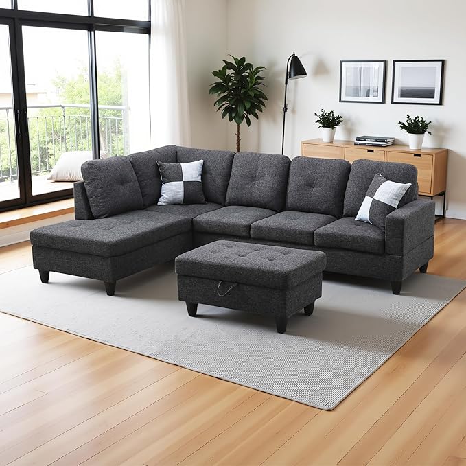 L Shaped Couch Modern Sectional Couch Upholstered Flannel Fabric 3 Pieces Sofas - Image 4