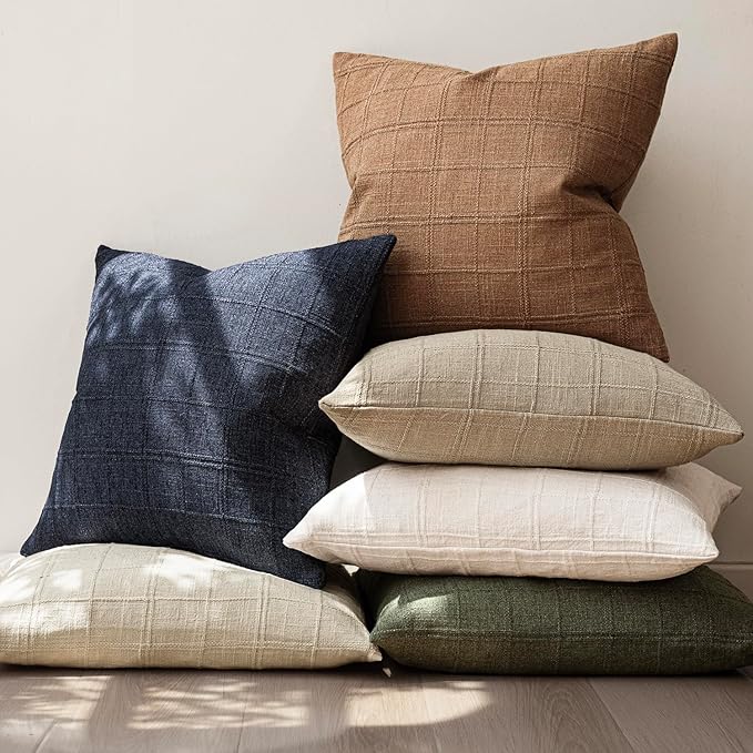 Foindtower Set of 2 Decorative Linen Check Throw Pillow Covers Neutral - Image 7