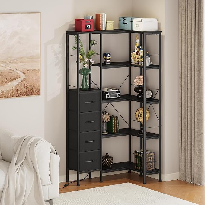 Corner Bookshelf with LED Light Strips & 4 Fabric Drawers, 5-Tier Convertible - Image 8