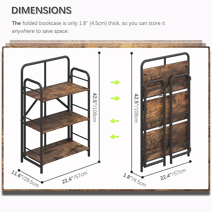 4NM No Assembly Folding Bookshelf 3 Tiers Vintage Industrial Black Book Shelf - Image 2