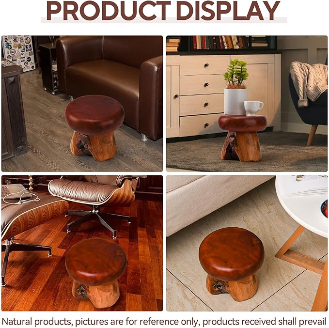 8 Inch Small Mushroom Wood Decoration, Unique Design Live Edge Wood Stool - Image 4