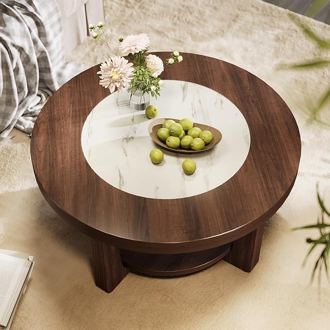 LITTLE TREE Modern Round Coffee Table, 2-Tier Wood Coffee Table - Image 3