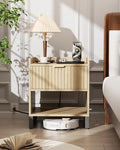 Fluted Night Stand with Charging Station, Wood Nightstand with Large Drawer and by DEMEGA