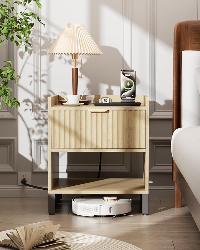 Fluted Night Stand with Charging Station, Wood Nightstand with Large Drawer and by DEMEGA