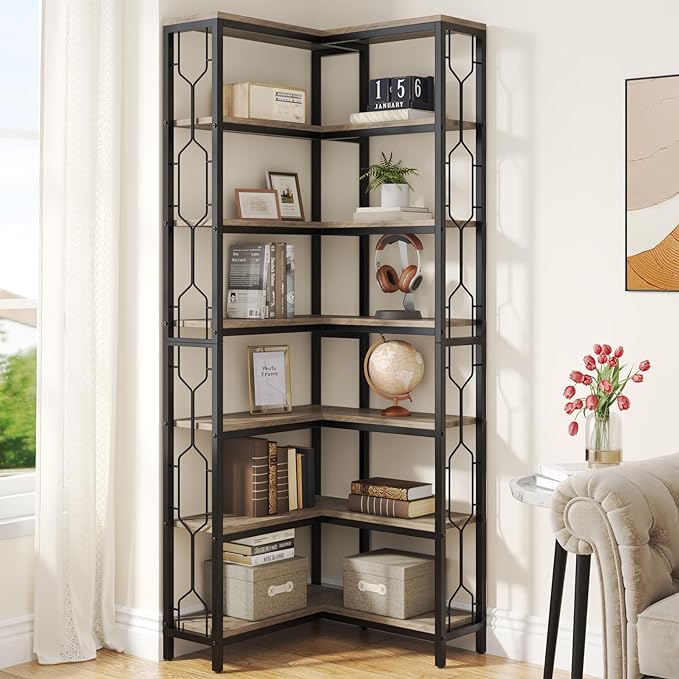 Tribesigns Corner Shelf, 7-Tier Industrial Corner Bookshelf, Wood and Metal by Tribesigns