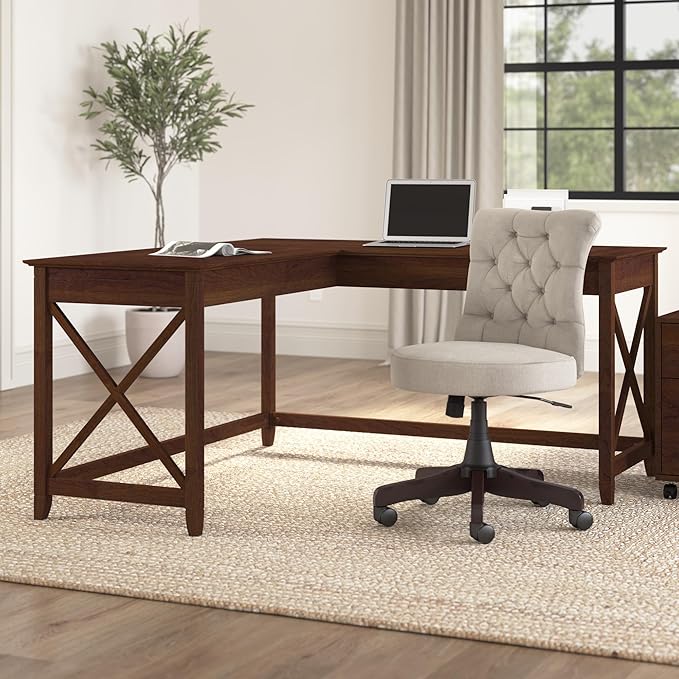 Bush Furniture Key West 60W Modern Farmhouse L Shaped Desk in Bing Cherry | - Image 2