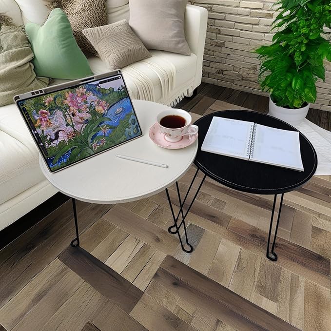 Leather Circle Nesting Tables Coffee Table Set of 2，Folding Table, Outdoor Side by QAVOL