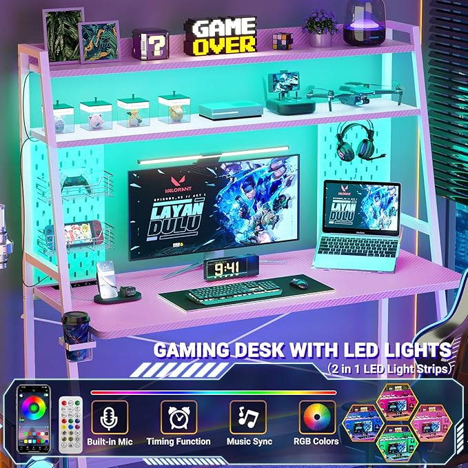 Gaming Desk with Hutch and LED Lights, Gaming Computer Desk with Power Outlets - Image 4