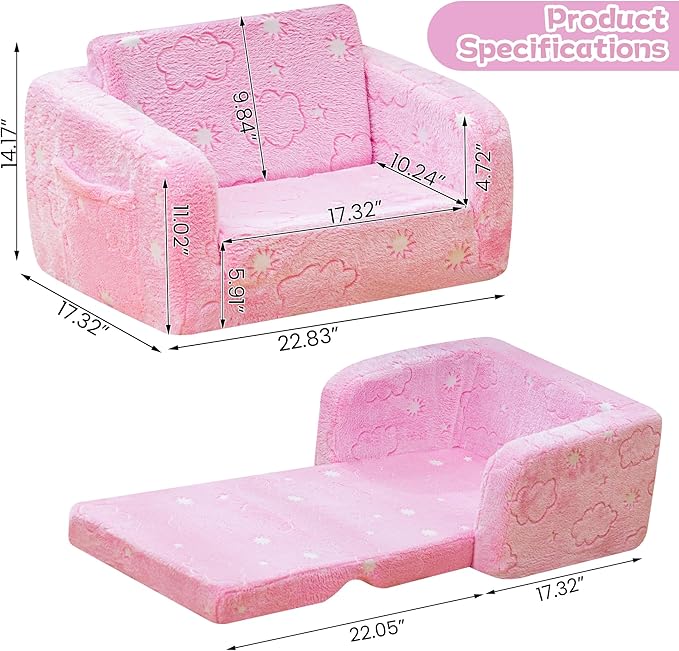 Lamerge 2-in-1 Soft Toddler Couch Fold Out, Foldable Toddler Chair, Glow in The - Image 3
