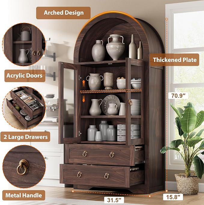Kitchen Pantry Cabinet, Arched Bookshelf Bookcase China Pantry Storage Cabinet - Image 2