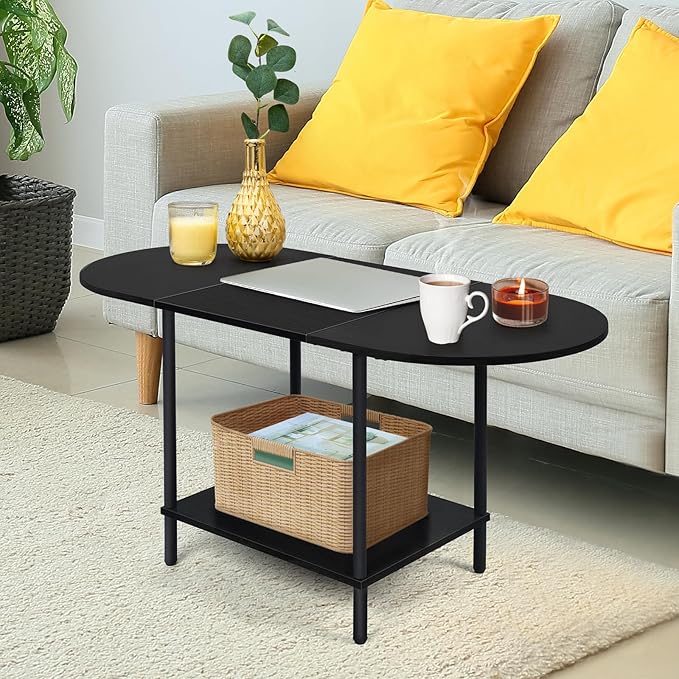ETELI Black Coffee Tables for Living Room 2-Tier Small Oval Coffee Table Wood - Image 5