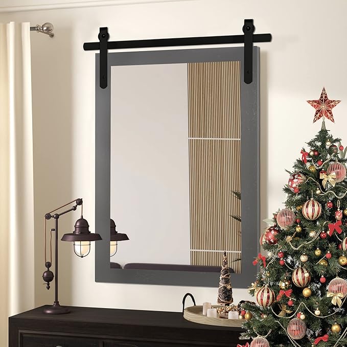 Farmhouse Wall Mirror, Rustic Wood Frame Bathroom Mirror Barn Door Inspired by PAIHOME
