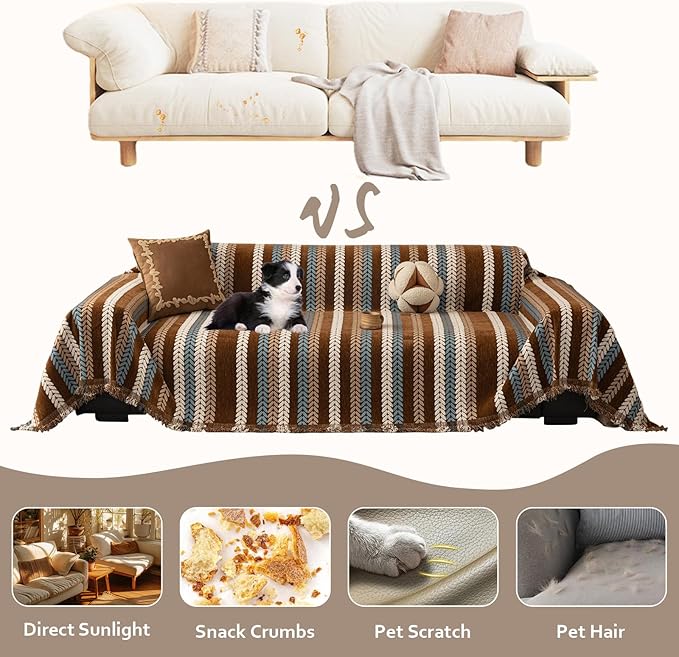 STACYPIK Khaki Jacquard Leaves Sofa Cover, Vintage Couch Cover - Image 3