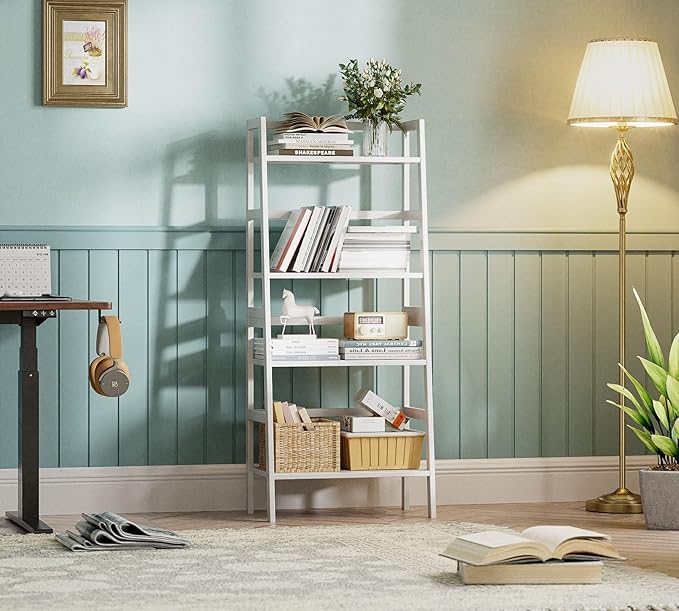 HITNET White Ladder Bookshelf, Leaning Bookcase, 4-Tier Bamboo Shelf, Floor - Image 2