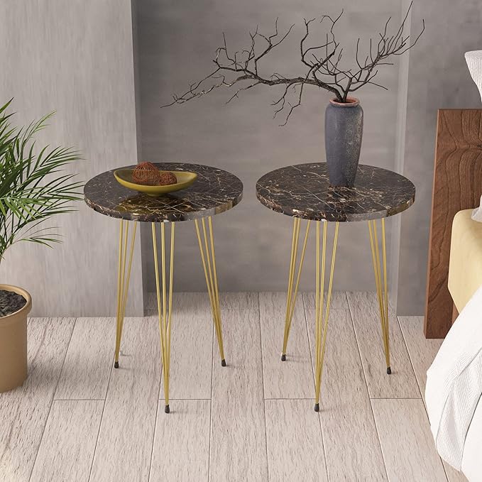PAK HOME Set of 2 High Gloss Brown Marble Look End Tables Round Wood Sofa Side - Image 3