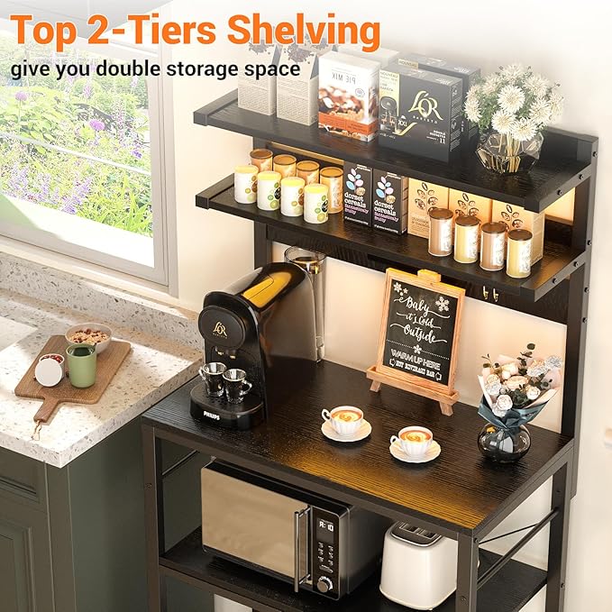 Aheaplus Bakers Rack with Power Outlet, Microwave Stand, 5 Tiers Coffee Bar - Image 6