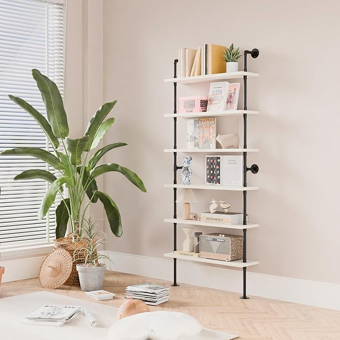 6 Tier Industrial Ladder Shelf Bookcase, Wall Mounted Rustic Bookshelf - Image 4