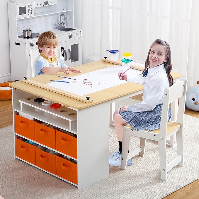 4 In 1 Kids Art Table and Chair Set, Toddler Craft Large Storage Desk by Garvee
