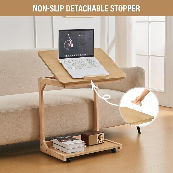 CozyDH Adjustable C Shaped End Table, Rolling Side Table Solid Wood TV Sofa - Image 6