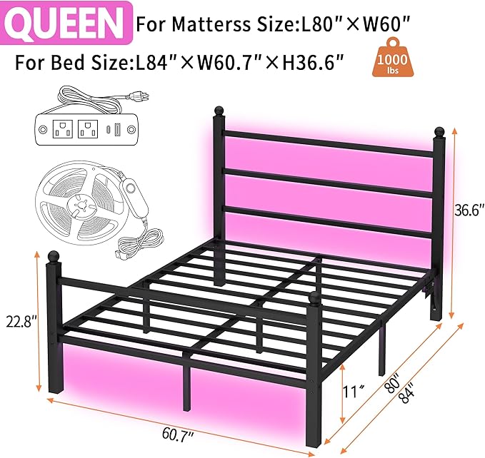 Queen Bed Frame with Headboard and Footboard, Steel Slats Support-LED Bed Frame - Image 2