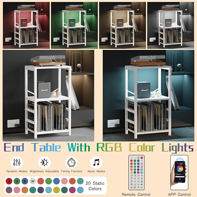 End Table with LED Light, Record Player Stand with Albums Storage, Vinyl - Image 4