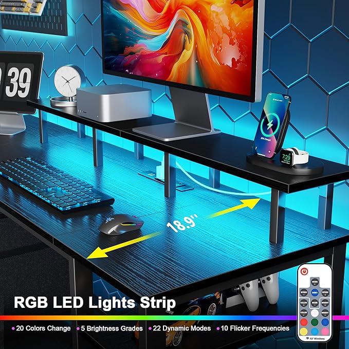 Furologee 51" Gaming Desk with Power Outlets & LED Lights, Reversible Computer - Image 4