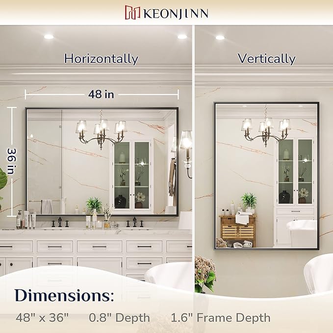 Keonjinn Black Bathroom Mirror 48 x 36 Inch, Large Rectangle Matte Black Vanity - Image 7