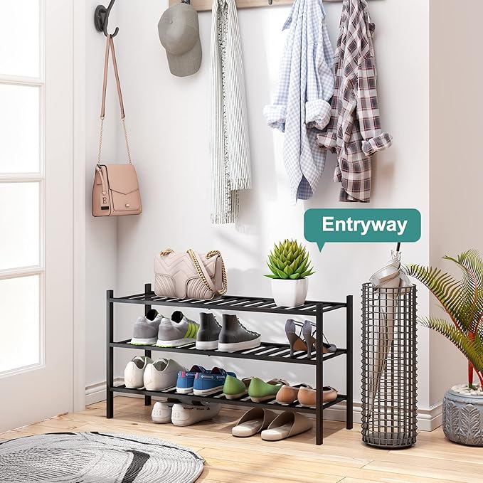 3-Tier Long Black Shoe Rack, Bamboo Wood Shoe Rack - Image 5