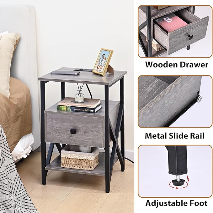 End Tables with Charging Station, Night Stands with Wood Drawer, Nightstand - Image 6