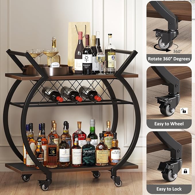 LVB Modern Gold Bar Cart, Industrial Rolling Serving Wine Cart - Image 5