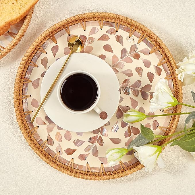 Round Rattan Tray with Mother of Pearl Inlay, Rattan Serving Tray with Wooden - Image 2