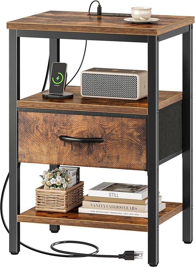 SUPERJARE Nightstand with Charging Station, Bed Side Table with Adjustable by SUPERJARE