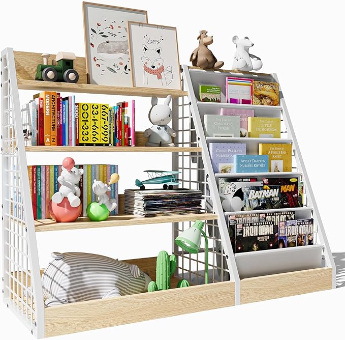 Kids Book Shelf, 4 Tier Wooden Bookshelf, 5 Layer Sling Children Bookcase - Image 8