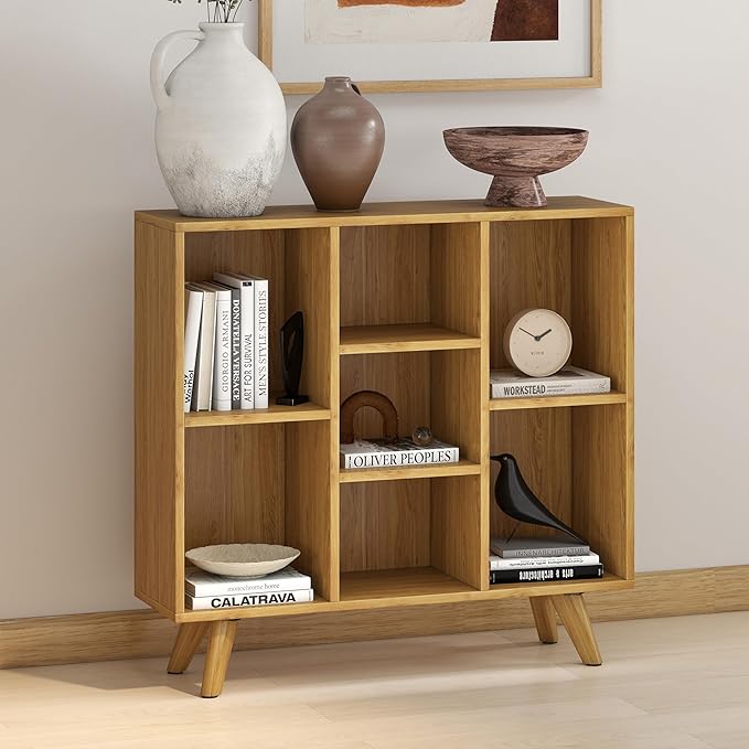 Manora Bookshelf with 7 Open Storage Cubes, Wooden Bookcase Organizer, Rustic - Image 6