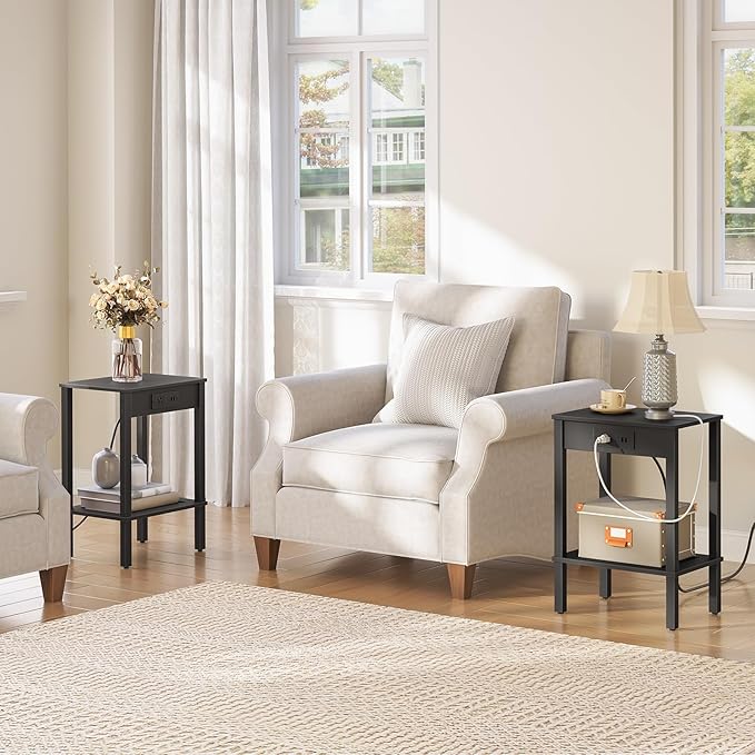 HOOBRO Side Table with Charging Station, Nightstand with 2-Tier Storage Shelf - Image 2