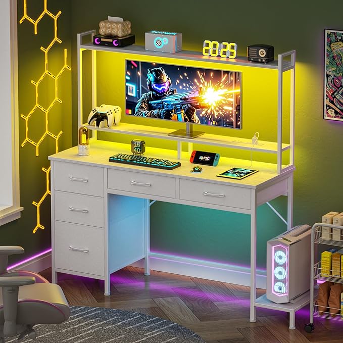Computer Gaming Desk with Hutch, Home Office Desk with Power Outlets, LED Light - Image 2
