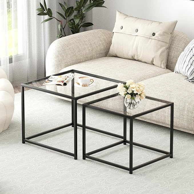 VILAWLENCE Coffee Table Set of 2, Modern Black Glass Side Table, Metal Frame - Image 3